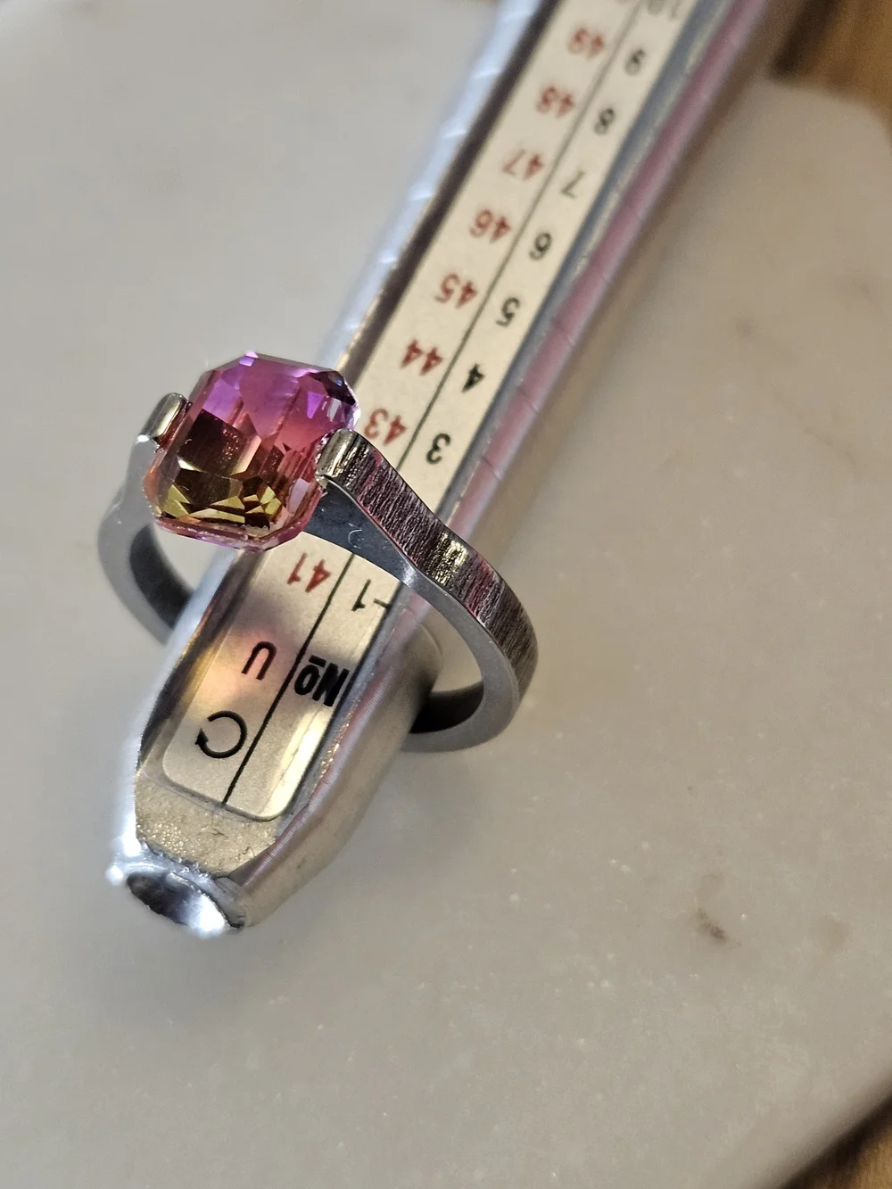 Modernist Stainless Steel Bi-Color Pink Yellow Emerald Cut Ring Size 8.5 Silver